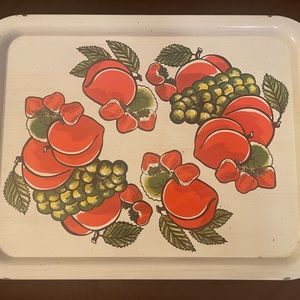 Vintage metal serving tray with peaches and strawberries